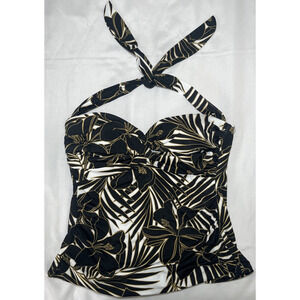 Miraclesuit Tankini Swim Top Black Gold Leaf Print Women Sz 10 Halter Underwire